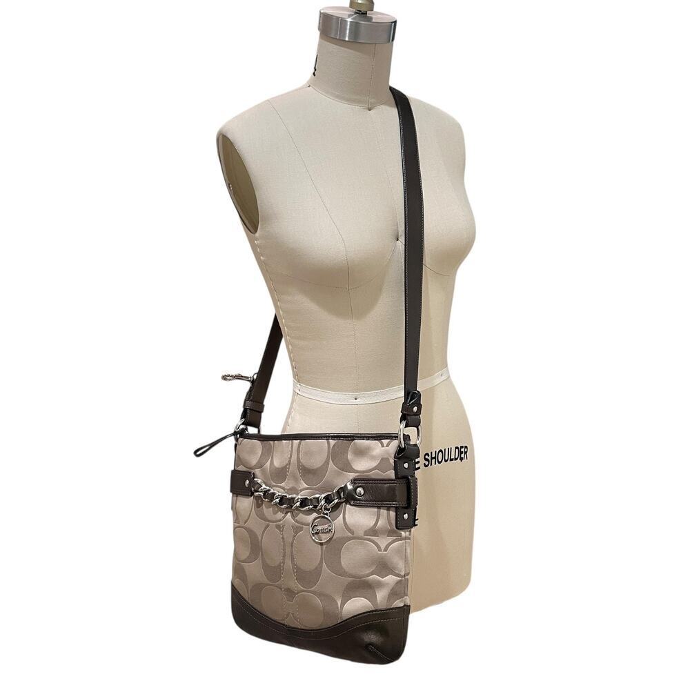 Coach Signature Crossbody Shoulder Bag Womens Brown Khaki Chain Leather Trim - Picture 3 of 12